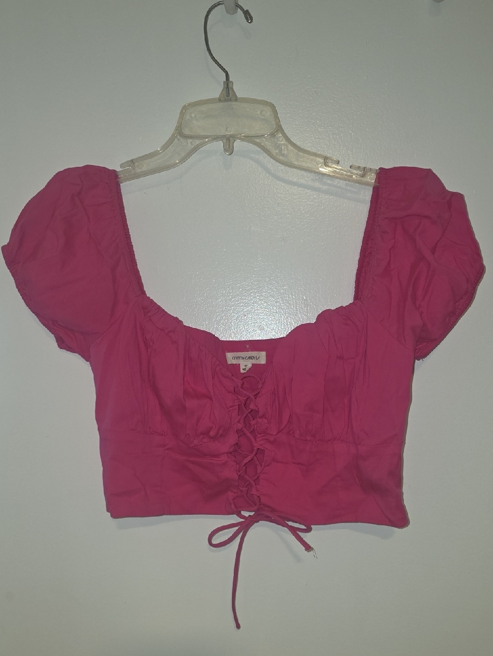 Cotton Candy Hot Pink Lace-Up Puff Sleeve Crop Top